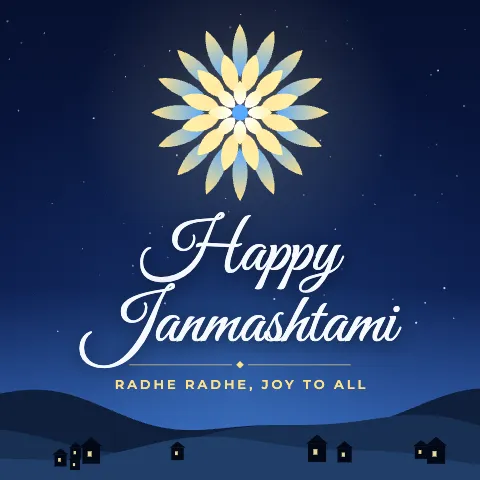Happy Janmashtami greeting image in night skyline style with the wish “Radhe Radhe, joy to all”