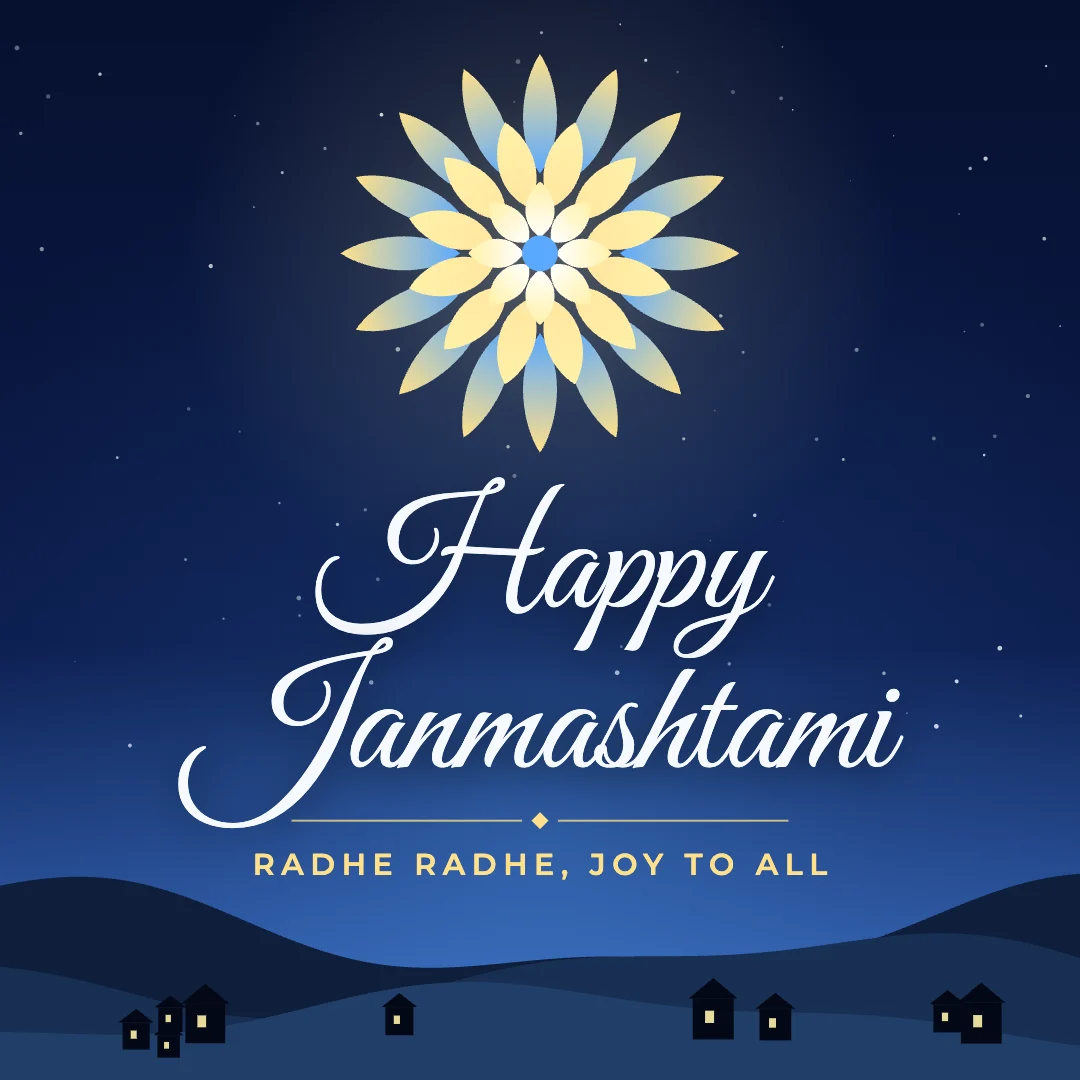 Happy Janmashtami greeting image in night skyline style with the wish “Radhe Radhe, joy to all”