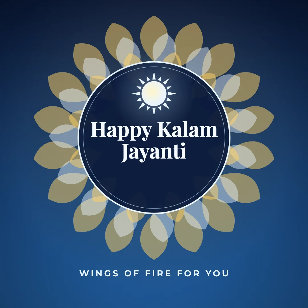 Happy Kalam Jayanti greeting image in mandala circle style with the wish “Wings of fire for you”