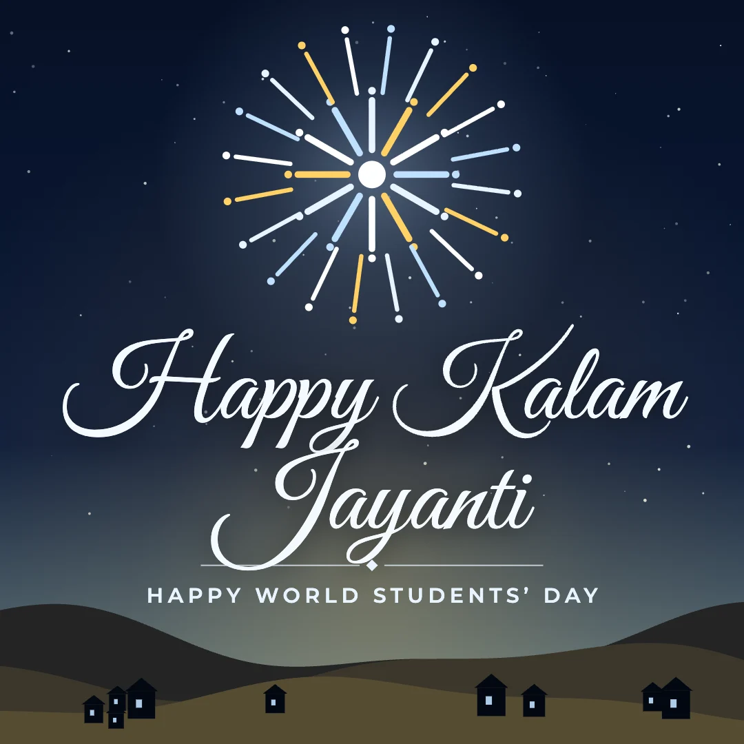 Happy Kalam Jayanti greeting image in night skyline style with the wish “Happy World Students’ Day”