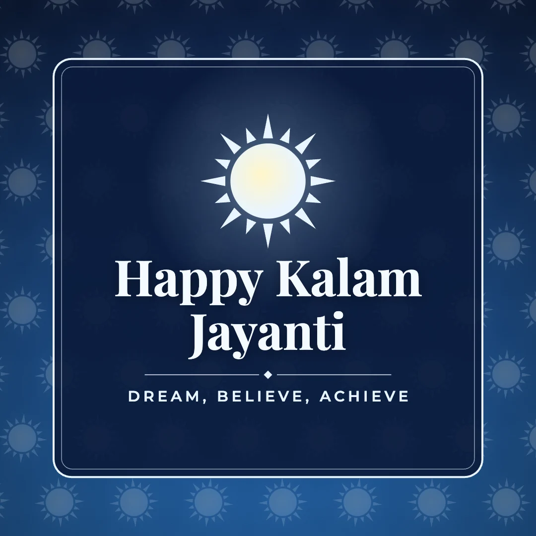 Happy Kalam Jayanti greeting image in pattern panel style with the wish “Dream, believe, achieve”
