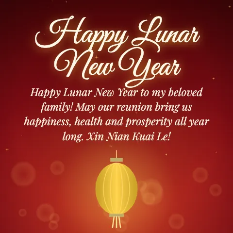 Happy Lunar New Year message card: “Happy Lunar New Year to my beloved family! May our reunion bring us happiness, health and prosperity all year long. Xin Nian Kuai Le!”