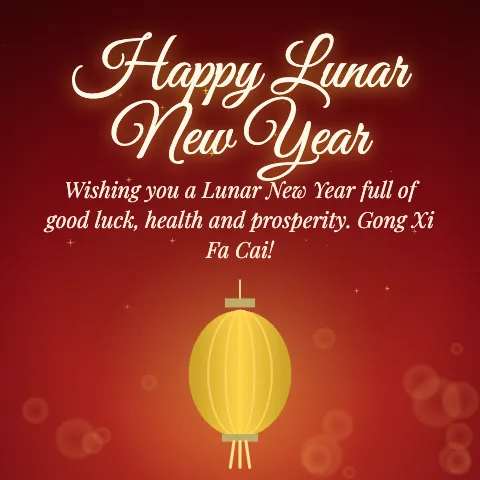 Happy Lunar New Year message card: “Wishing you a Lunar New Year full of good luck, health and prosperity. Gong Xi Fa Cai!”
