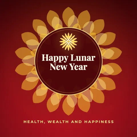 Happy Lunar New Year greeting image in mandala circle style with the wish “Health, wealth and happiness”