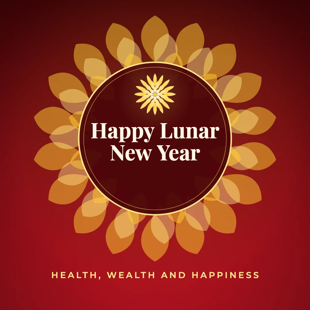Happy Lunar New Year greeting image in mandala circle style with the wish “Health, wealth and happiness”