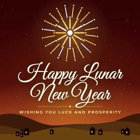 Happy Lunar New Year greeting image in night skyline style with the wish “Wishing you luck and prosperity”