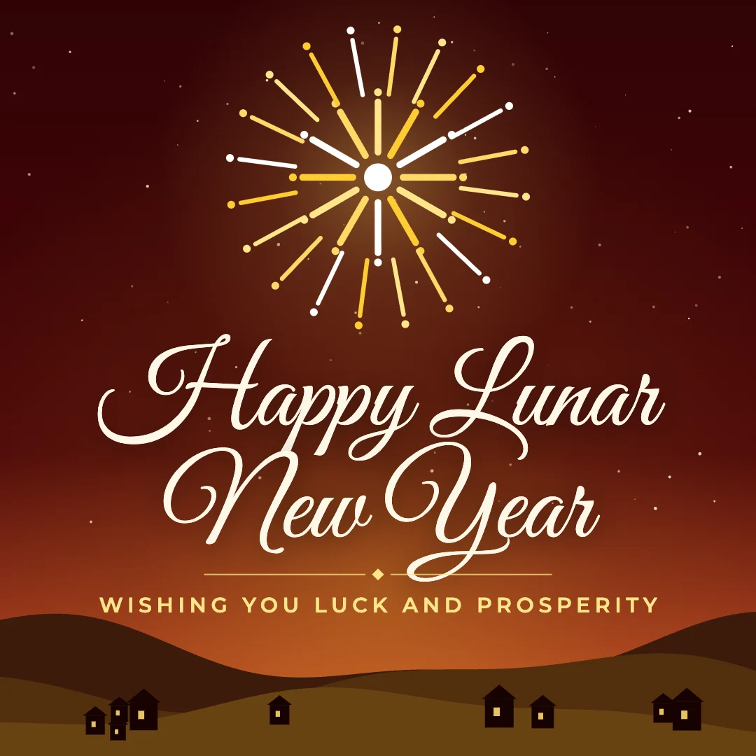 Happy Lunar New Year greeting image in night skyline style with the wish “Wishing you luck and prosperity”