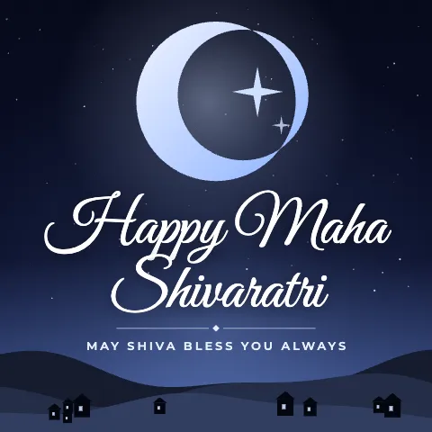 Happy Maha Shivaratri greeting image in night skyline style with the wish “May Shiva bless you always”