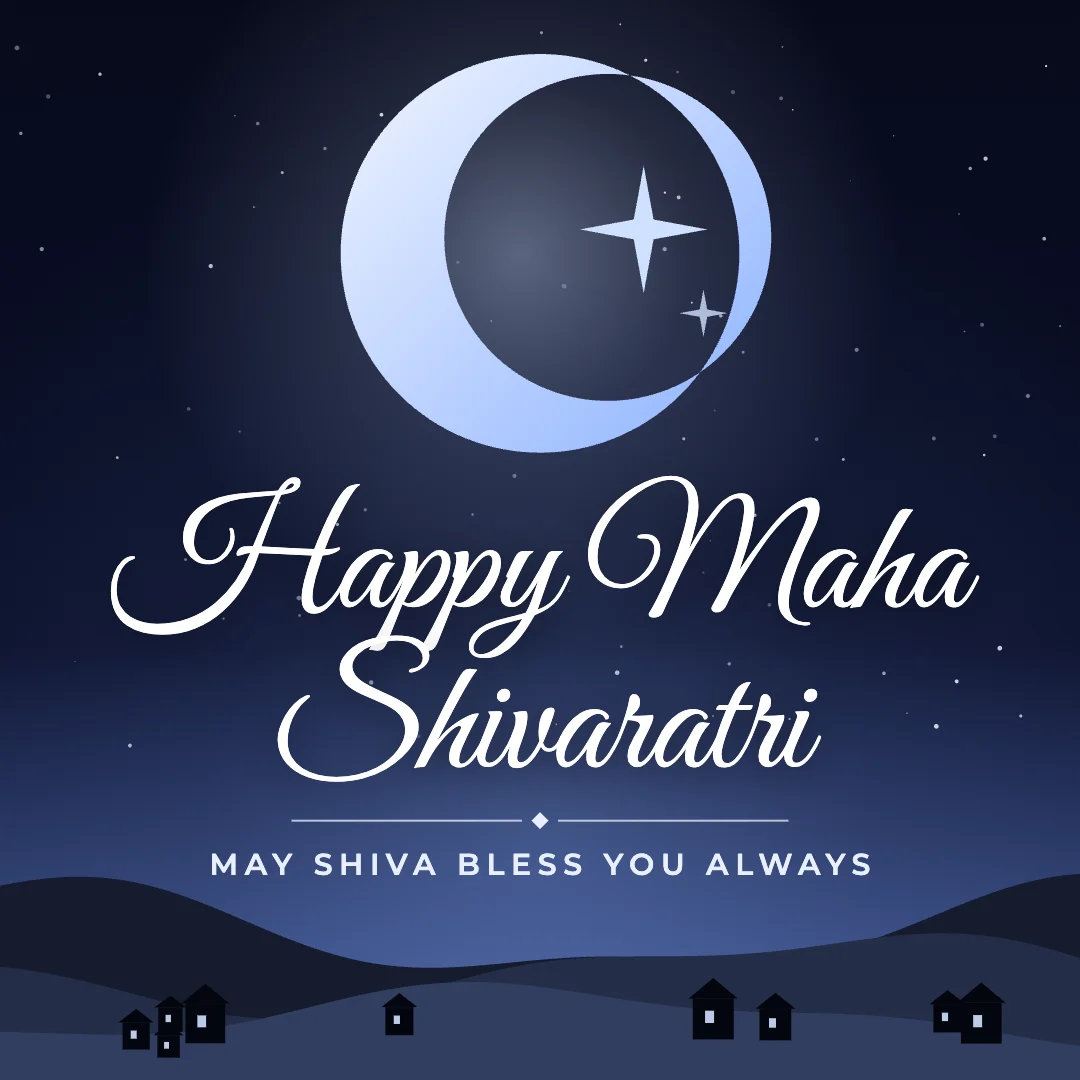 Happy Maha Shivaratri greeting image in night skyline style with the wish “May Shiva bless you always”