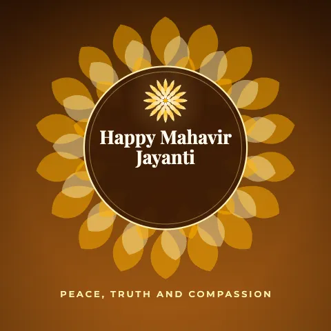 Happy Mahavir Jayanti greeting image in mandala circle style with the wish “Peace, truth and compassion”