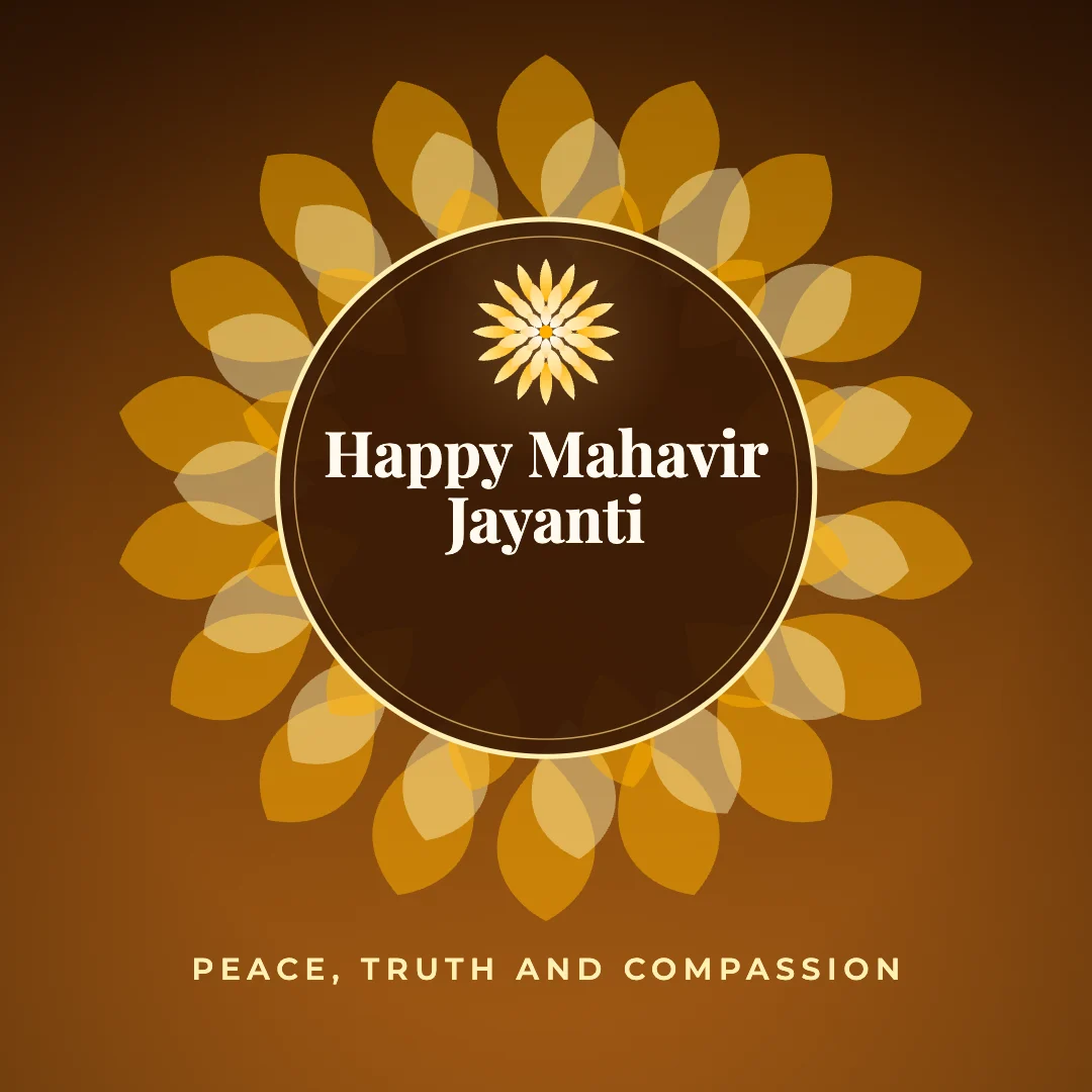 Happy Mahavir Jayanti greeting image in mandala circle style with the wish “Peace, truth and compassion”