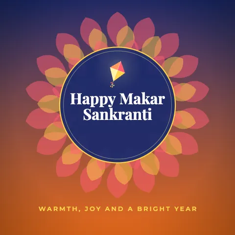 Happy Makar Sankranti greeting image in mandala circle style with the wish “Warmth, joy and a bright year”