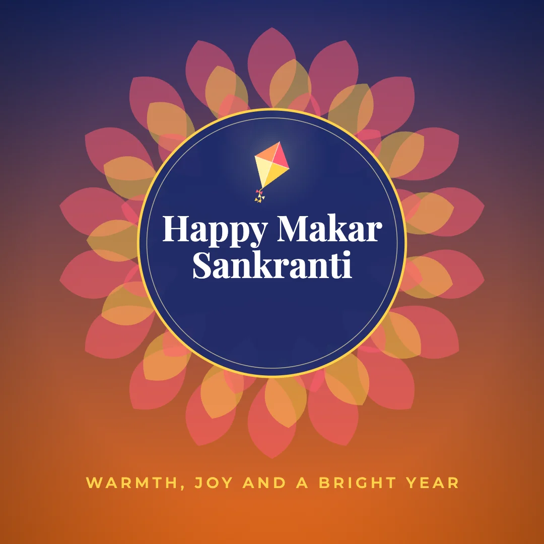 Happy Makar Sankranti greeting image in mandala circle style with the wish “Warmth, joy and a bright year”