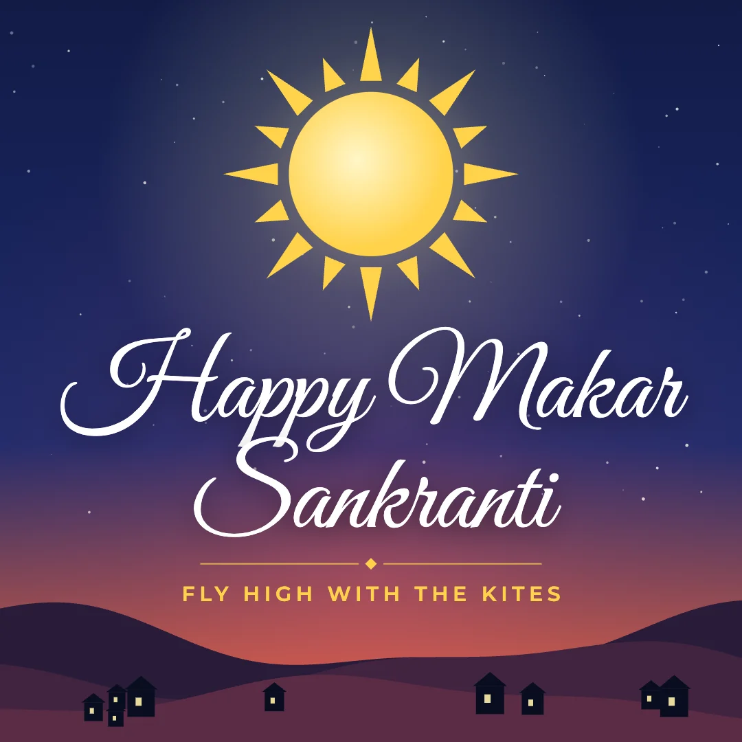 Happy Makar Sankranti greeting image in night skyline style with the wish “Fly high with the kites”