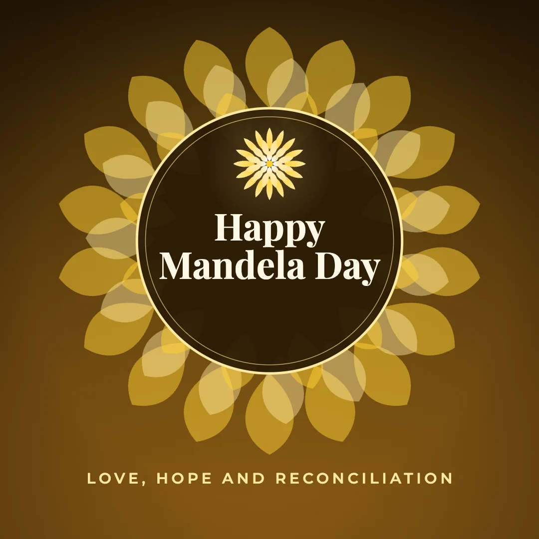 Happy Mandela Day greeting image in mandala circle style with the wish “Love, hope and reconciliation”