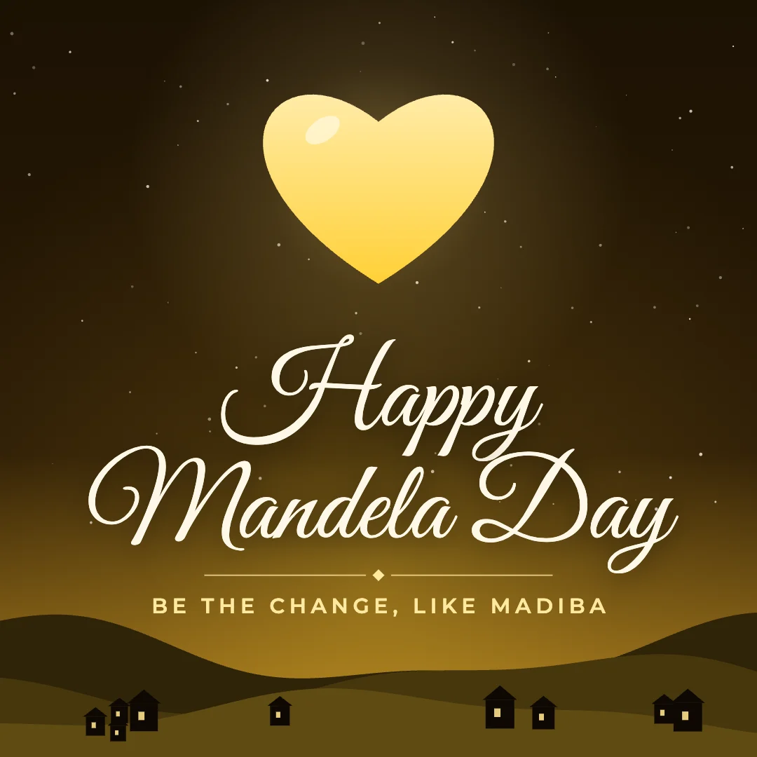 Happy Mandela Day greeting image in night skyline style with the wish “Be the change, like Madiba”