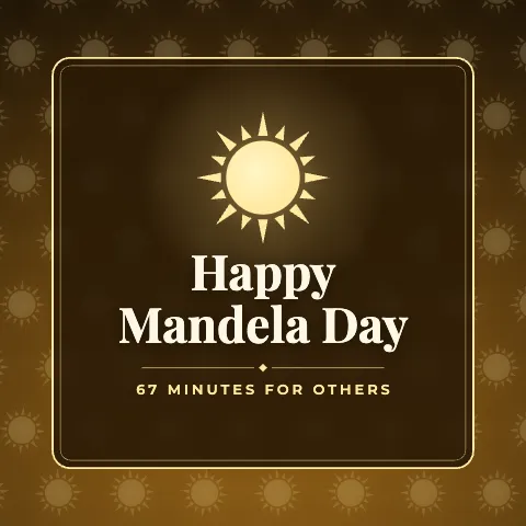 Happy Mandela Day greeting image in pattern panel style with the wish “67 minutes for others”
