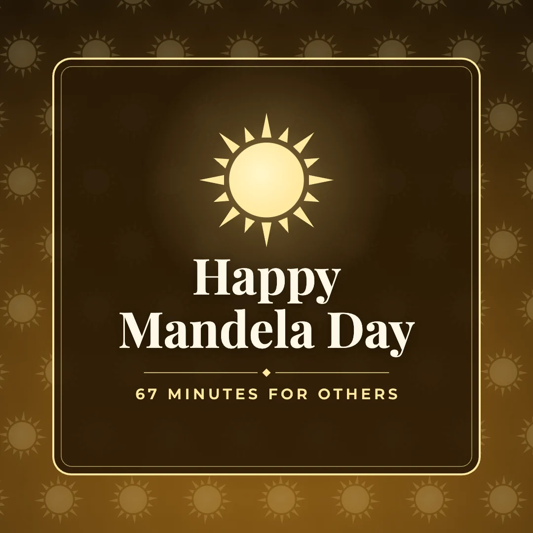 Happy Mandela Day greeting image in pattern panel style with the wish “67 minutes for others”