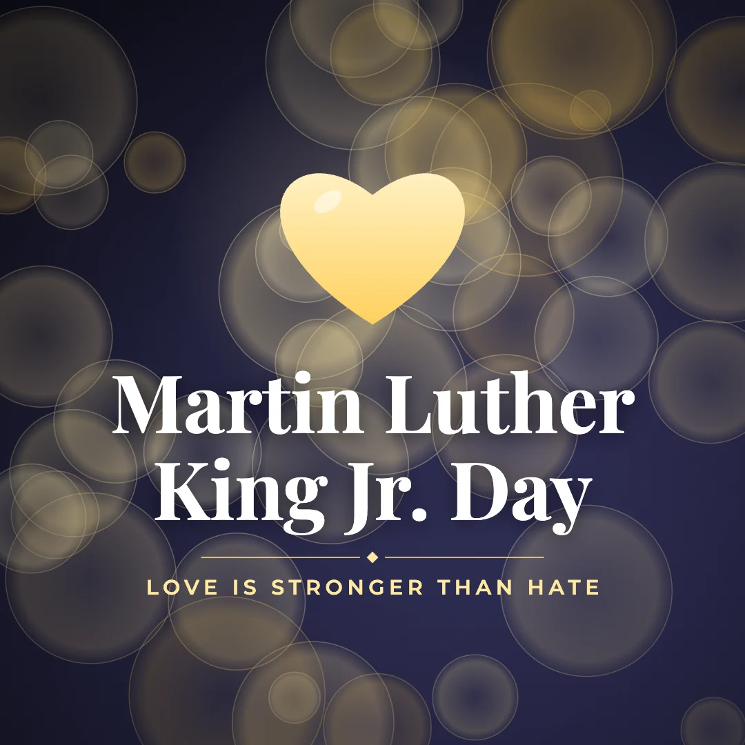 Martin Luther King Jr. Day greeting image in bokeh lights style with the wish “Love is stronger than hate”
