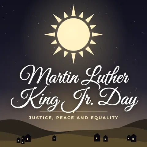 Martin Luther King Jr. Day greeting image in night skyline style with the wish “Justice, peace and equality”