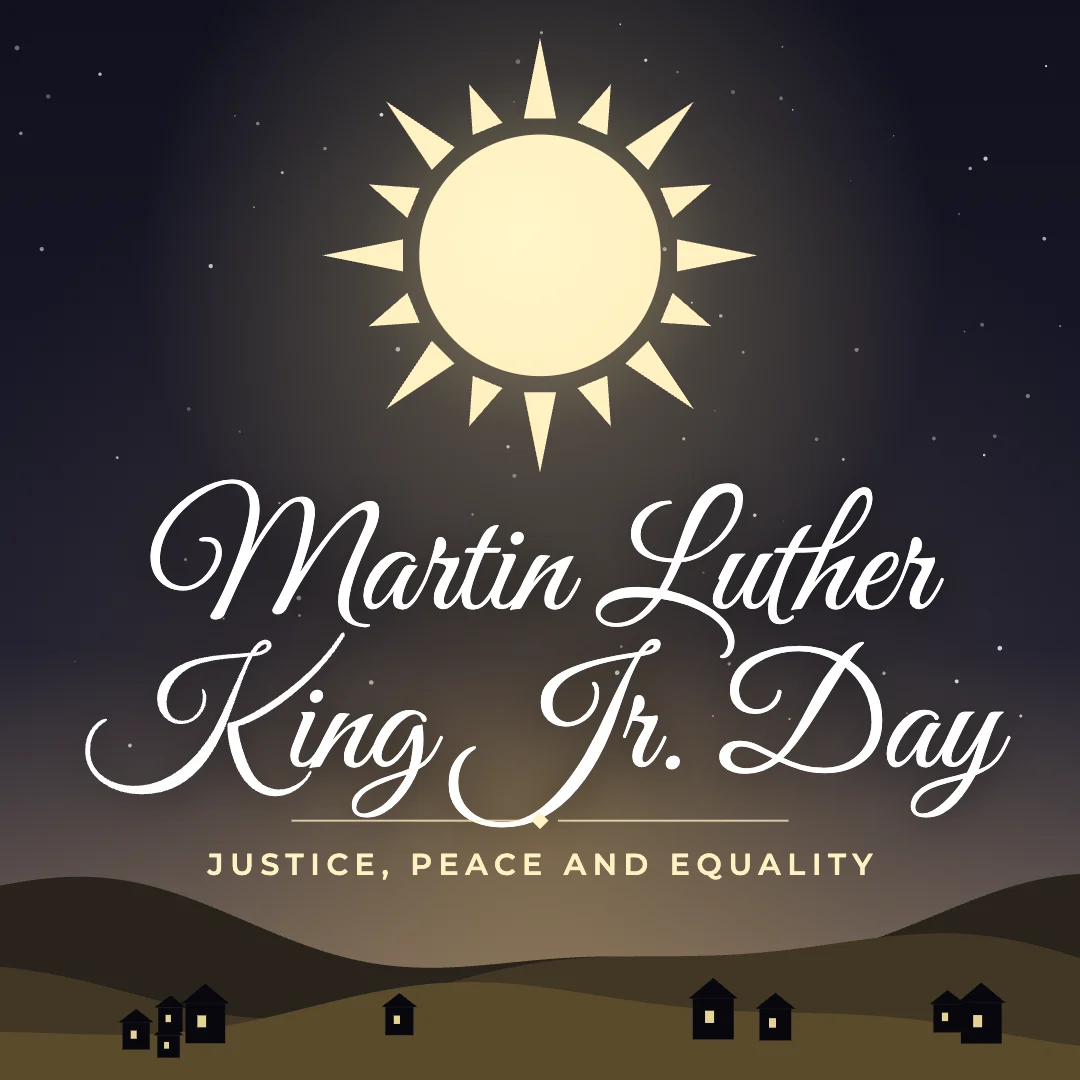 Martin Luther King Jr. Day greeting image in night skyline style with the wish “Justice, peace and equality”
