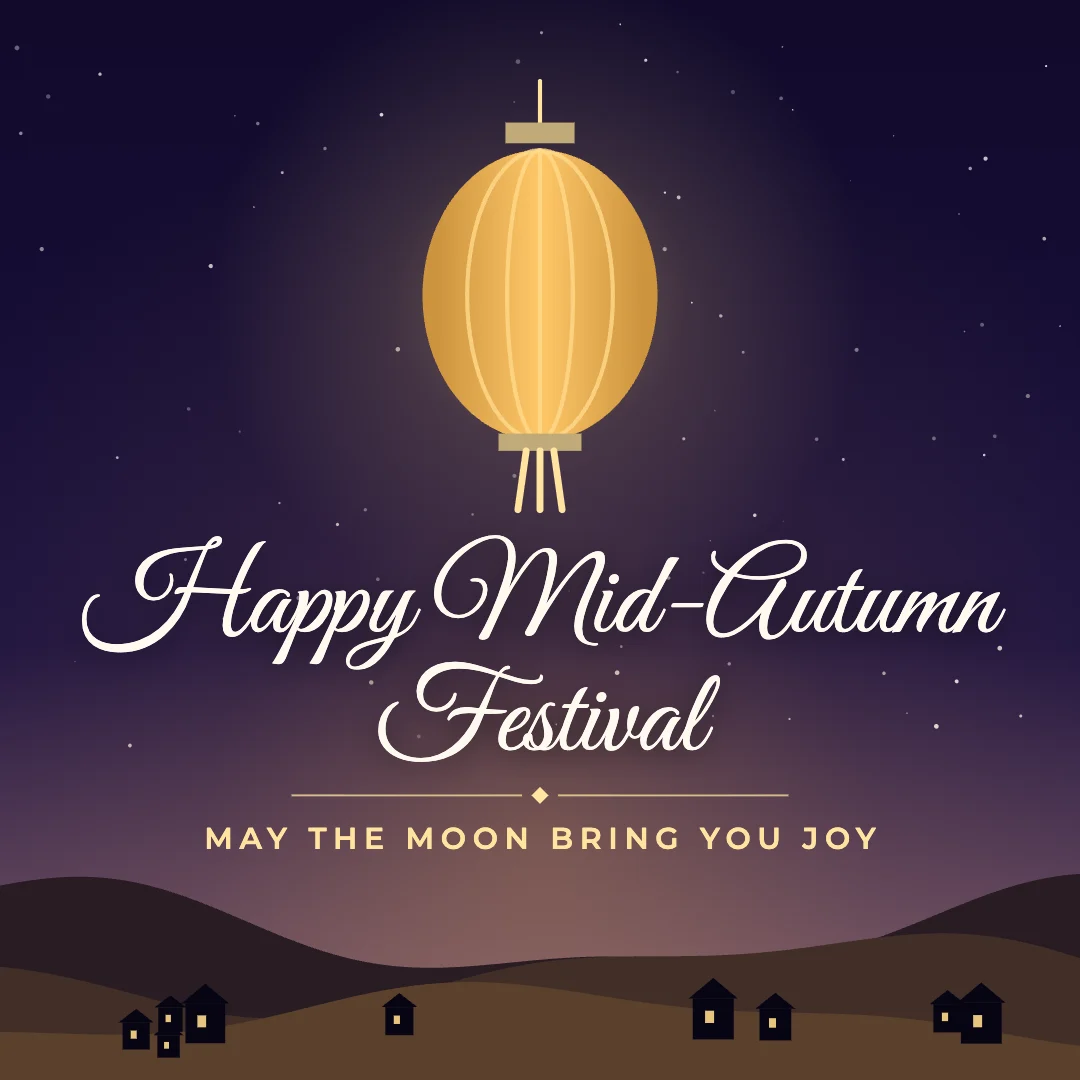 Happy Mid-Autumn Festival greeting image in night skyline style with the wish “May the moon bring you joy”