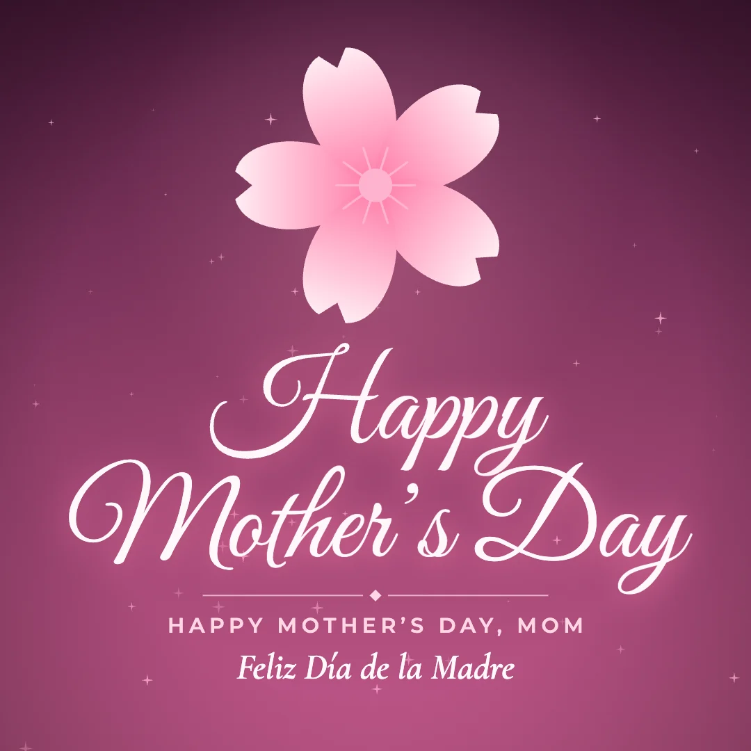 Happy Mother’s Day greeting image in golden glow style with the wish “Happy Mother’s Day, Mom” and the greeting in Spanish