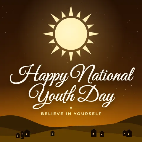 Happy National Youth Day greeting image in night skyline style with the wish “Believe in yourself”
