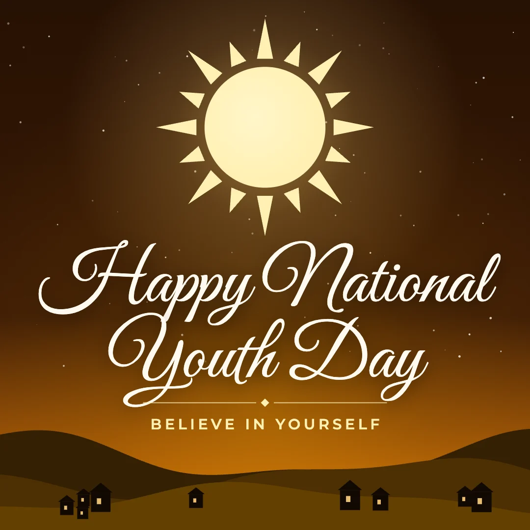 Happy National Youth Day greeting image in night skyline style with the wish “Believe in yourself”