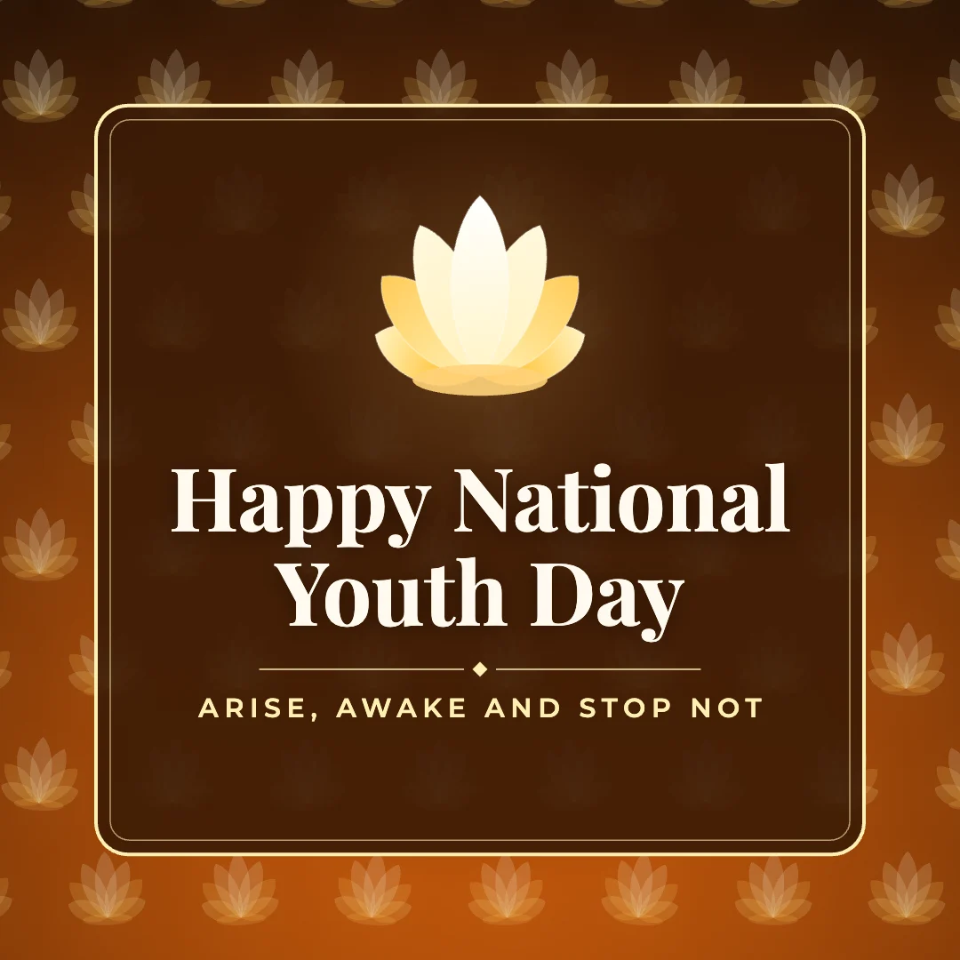 Happy National Youth Day greeting image in pattern panel style with the wish “Arise, awake and stop not”