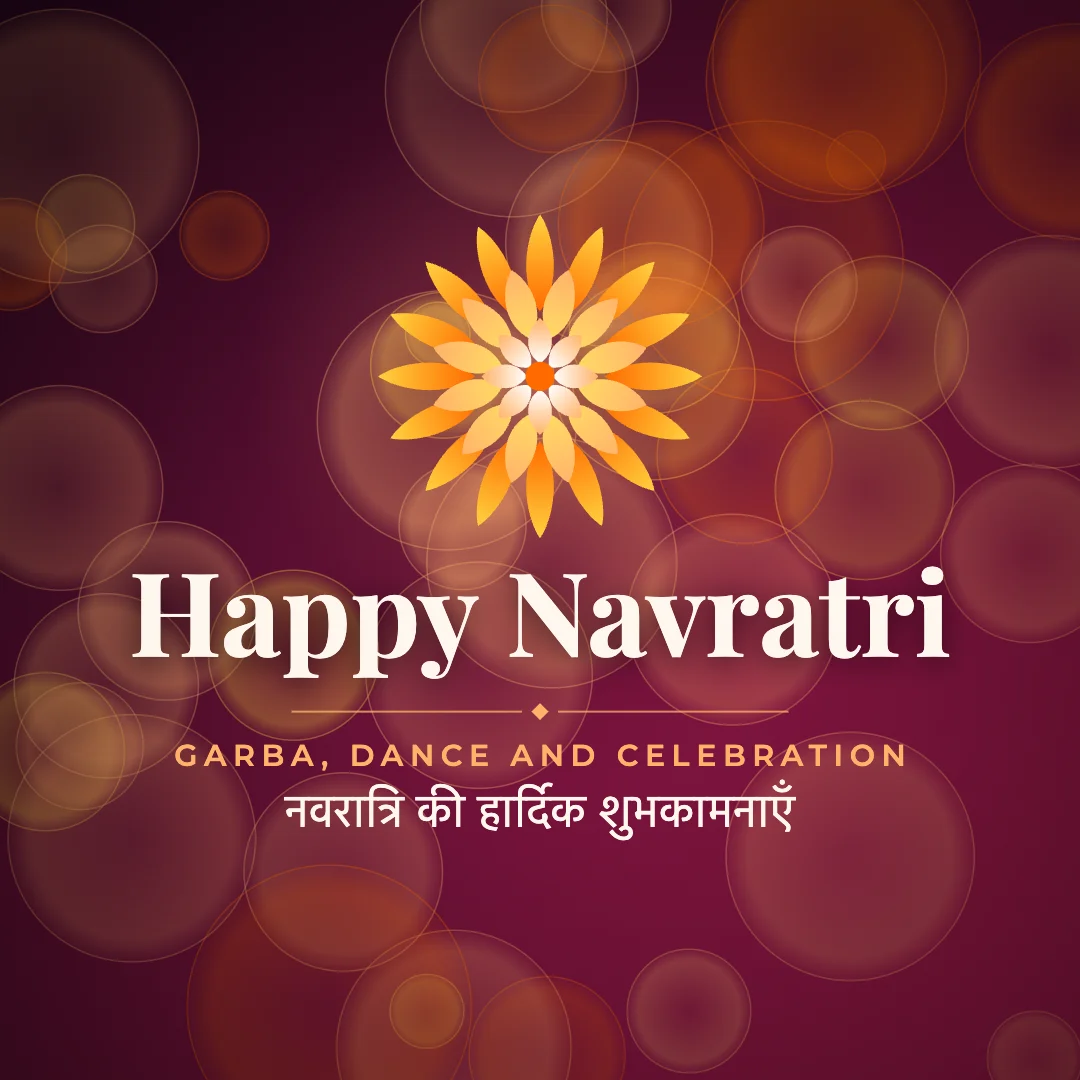 Happy Navratri greeting image in bokeh lights style with the wish “Garba, dance and celebration” and the greeting in Hindi