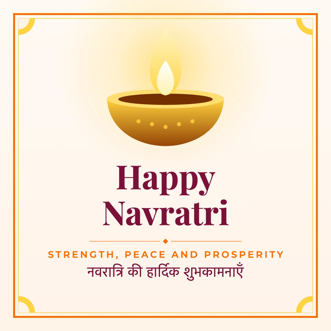 Happy Navratri greeting image in classic frame style with the wish “Strength, peace and prosperity” and the greeting in Hindi