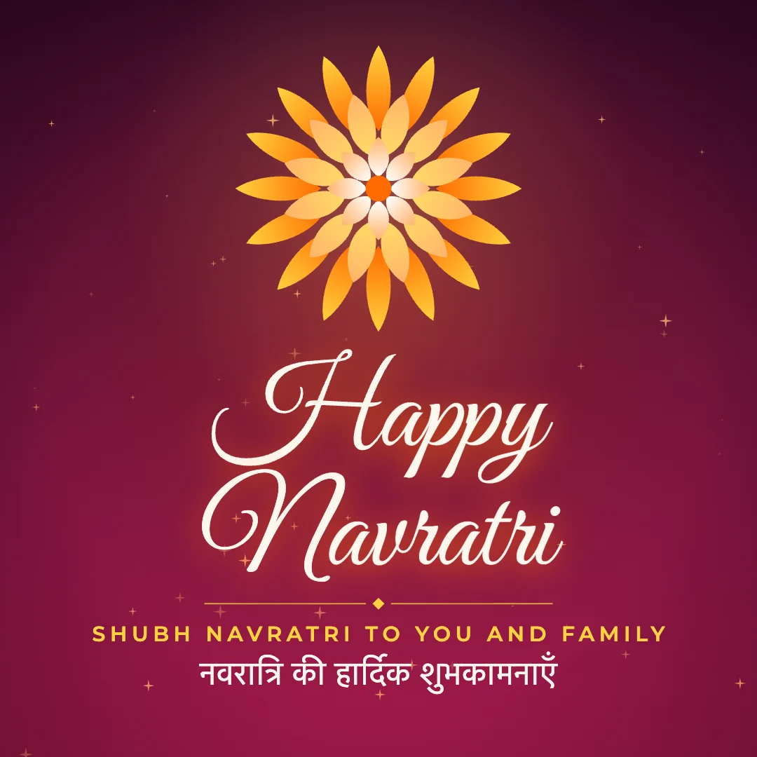 Happy Navratri greeting image in golden glow style with the wish “Shubh Navratri to you and family” and the greeting in Hindi