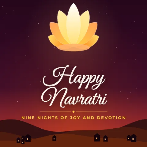 Happy Navratri greeting image in night skyline style with the wish “Nine nights of joy and devotion”