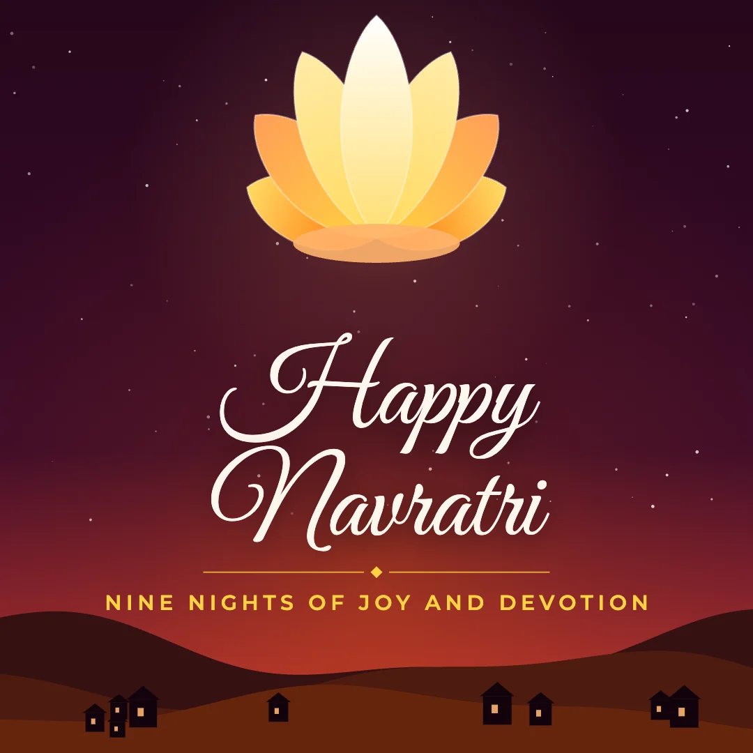 Happy Navratri greeting image in night skyline style with the wish “Nine nights of joy and devotion”