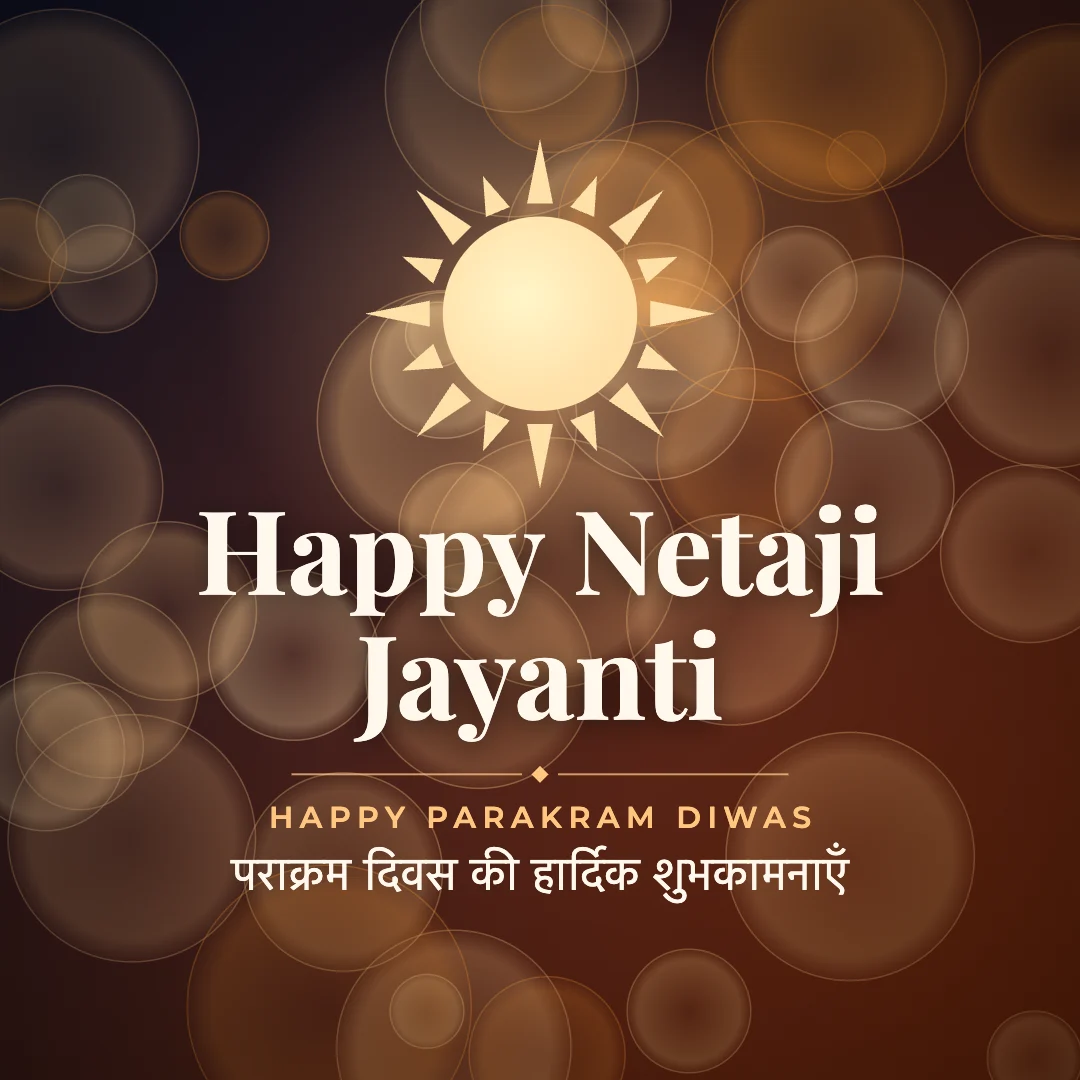 Happy Netaji Jayanti greeting image in bokeh lights style with the wish “Happy Parakram Diwas” and the greeting in Hindi