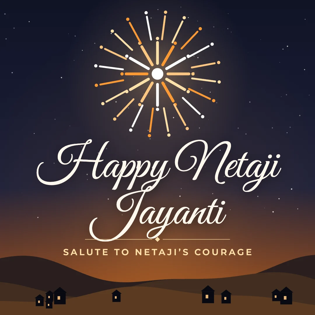 Happy Netaji Jayanti greeting image in night skyline style with the wish “Salute to Netaji’s courage”