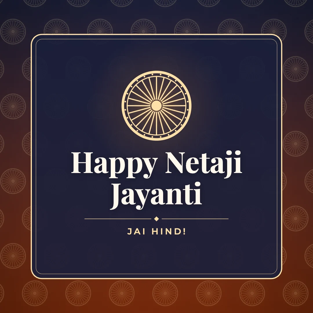 Happy Netaji Jayanti greeting image in pattern panel style with the wish “Jai Hind!”