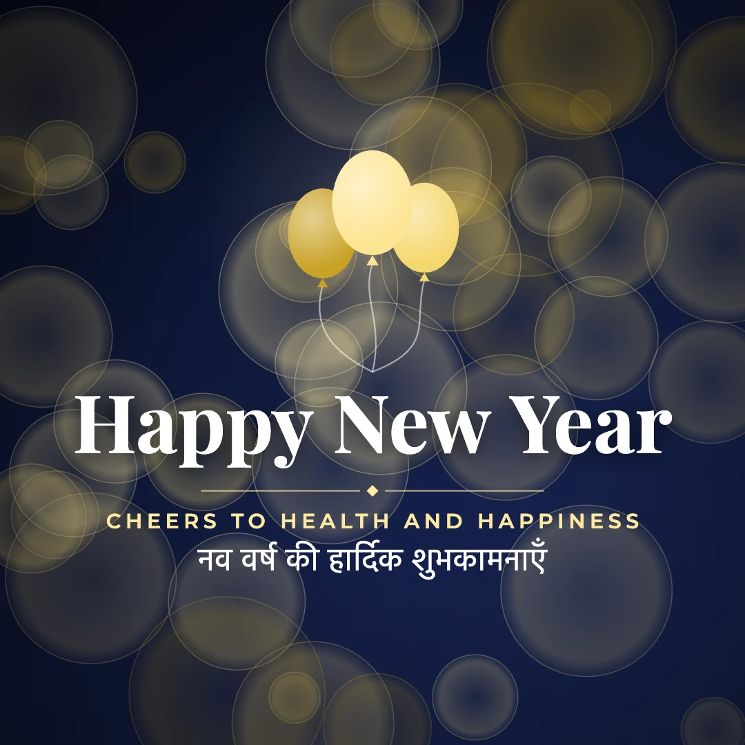 Happy New Year greeting image in bokeh lights style with the wish “Cheers to health and happiness” and the greeting in Hindi