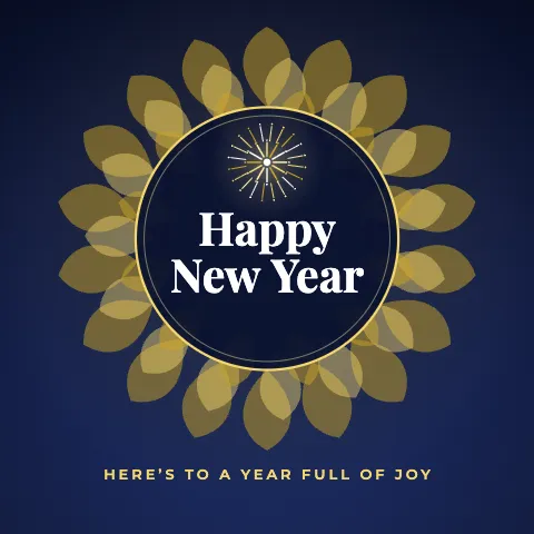 Happy New Year greeting image in mandala circle style with the wish “Here’s to a year full of joy”