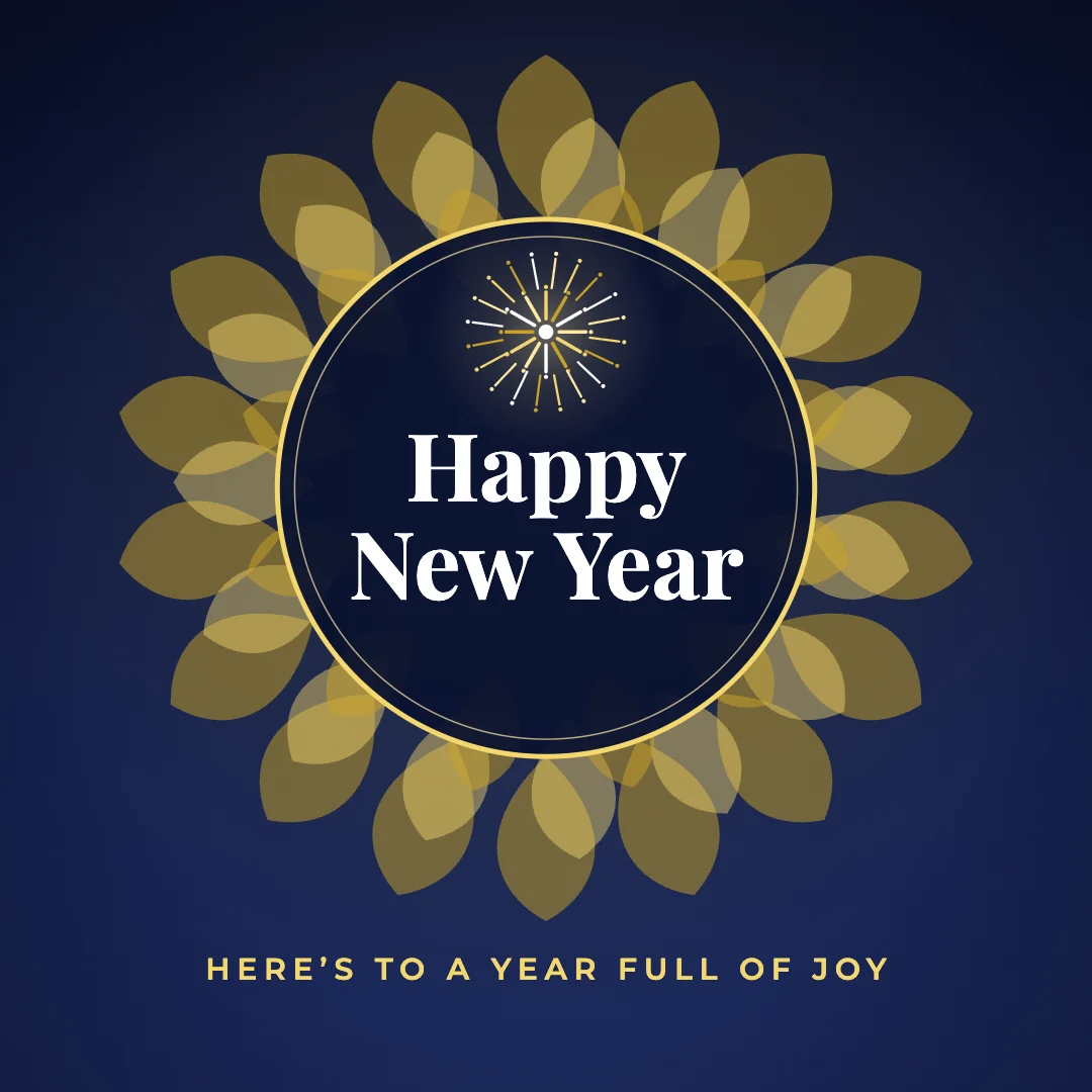 Happy New Year greeting image in mandala circle style with the wish “Here’s to a year full of joy”