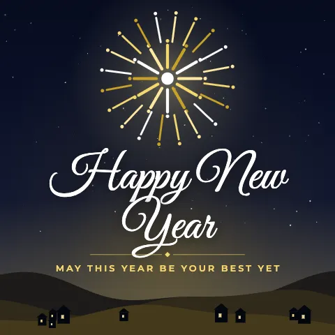 Happy New Year greeting image in night skyline style with the wish “May this year be your best yet”