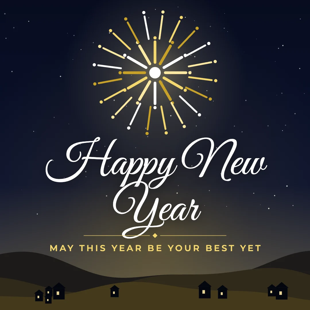 Happy New Year greeting image in night skyline style with the wish “May this year be your best yet”