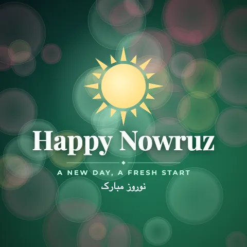 Happy Nowruz greeting image in bokeh lights style with the wish “A new day, a fresh start” and the greeting in Persian