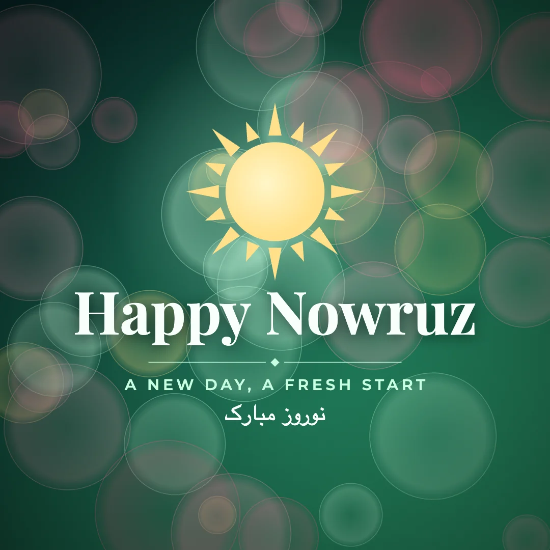 Happy Nowruz greeting image in bokeh lights style with the wish “A new day, a fresh start” and the greeting in Persian