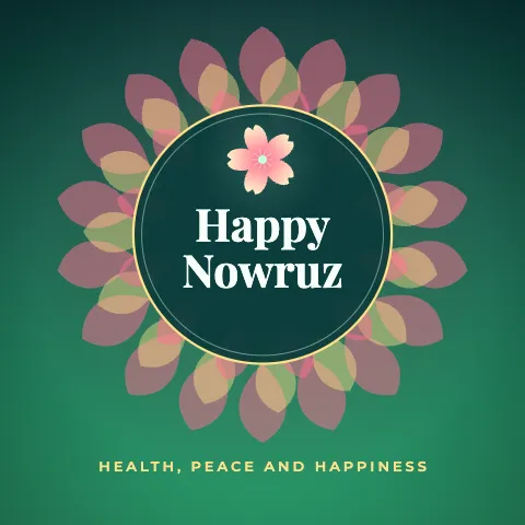 Happy Nowruz greeting image in mandala circle style with the wish “Health, peace and happiness”