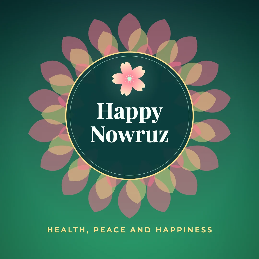 Happy Nowruz greeting image in mandala circle style with the wish “Health, peace and happiness”