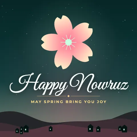 Happy Nowruz greeting image in night skyline style with the wish “May spring bring you joy”