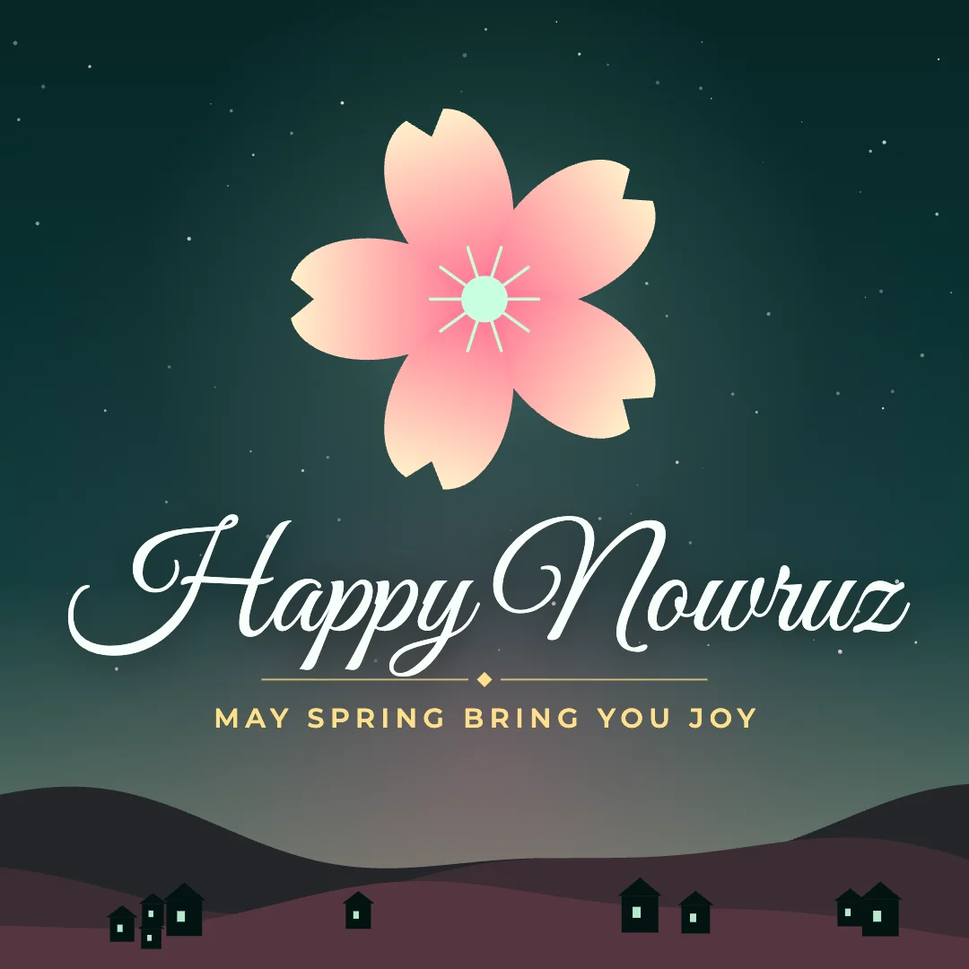 Happy Nowruz greeting image in night skyline style with the wish “May spring bring you joy”