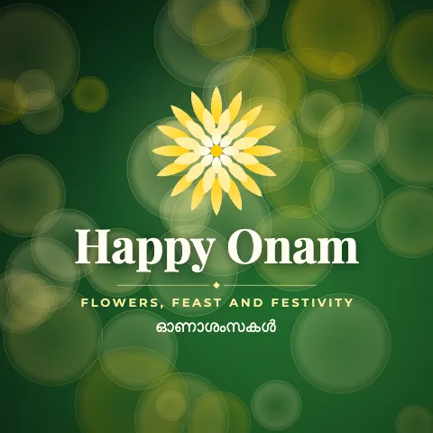 Happy Onam greeting image in bokeh lights style with the wish “Flowers, feast and festivity” and the greeting in Malayalam